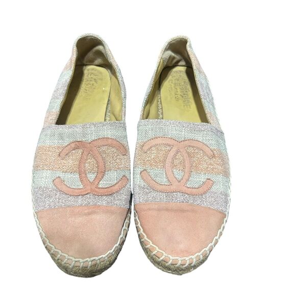 Chanel Tweed Interlocking CC Espadrilles Flats Pink Multicolor Cap Toe Size 38 - Picture 1 of 11